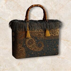 Paisley Blue and Brown Tote with Bamboo Handles and Tassels